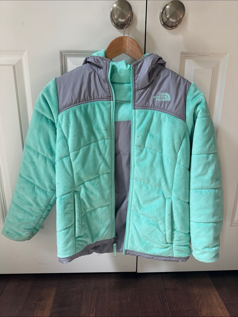 The North Face Mint Green and Gray Hooded Puffer Jacket - Kids